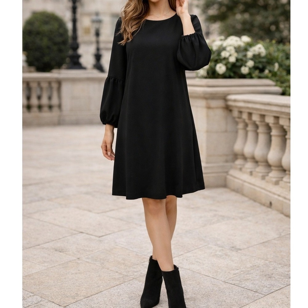 Ann Taylor Crepe Black Long‎ Balloon Sleeve Shift Dress Size 8 Midi Length Lined